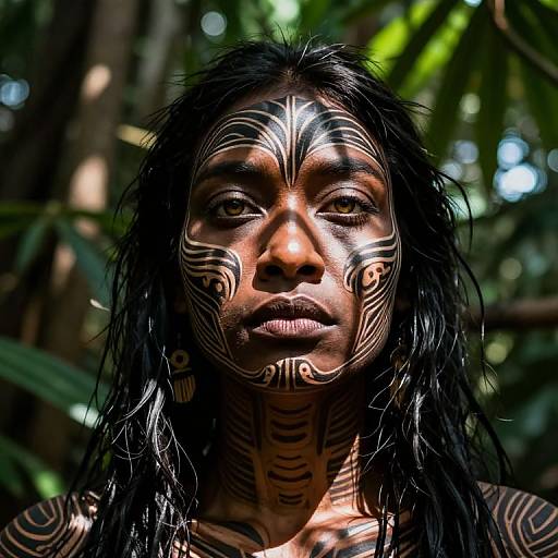 Photograph of a dark-skinned woman with intricate black tribal face paint, long black hair, and forest background, featuring detailed patterns on her face and