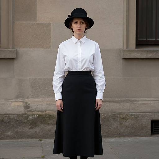 Photograph of a serious young woman in a white long-sleeve shirt and black high-waisted skirt, wearing a black wide-brimmed