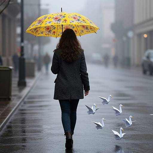 Photograph of a woman with long brown hair, wearing a gray coat and blue jeans, walking on a rainy city street, holding a yellow floral umbrella