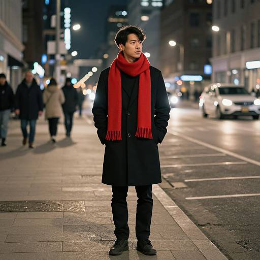 Photograph of a young Asian man in a black coat and red scarf standing on a nighttime city street, surrounded by blurred lights and pedestrians.