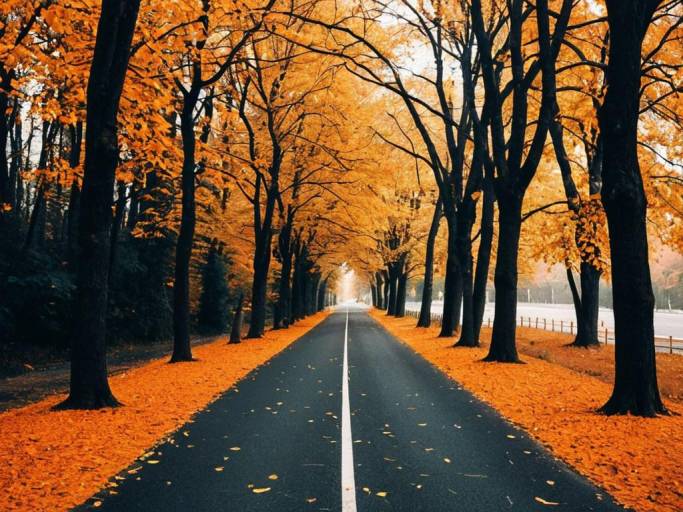 Autumn Road with Orange Trees