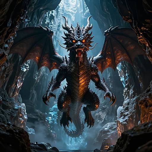 Digital fantasy artwork of a fierce, glowing-orange-eyed black dragon with jagged scales, large wings, and sharp claws, standing in a dark, icy