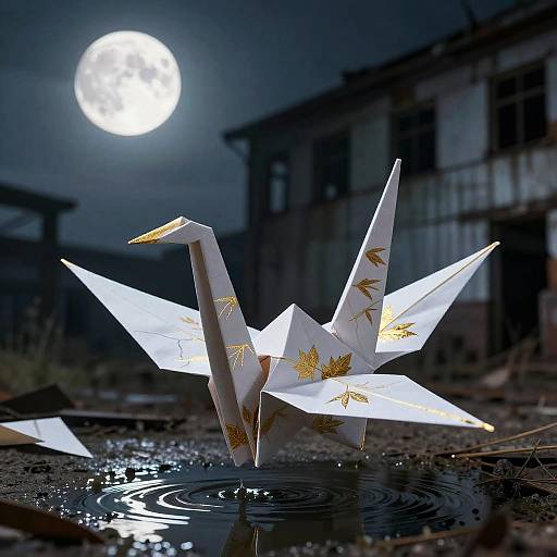 Moonlit Descent of Giant Origami Crane