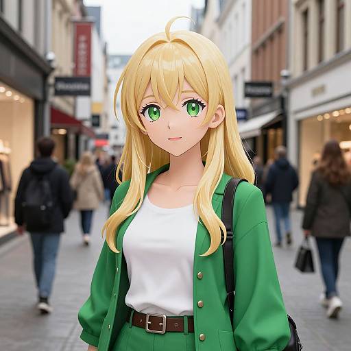 Anime-style digital drawing of a blonde girl with green eyes, wearing a green coat over a white shirt, standing in a busy urban street. Blurred