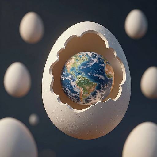 Digital art: Earth with vibrant blue oceans and green continents, centered in a cracked, white egg floating among other eggs in dark space.