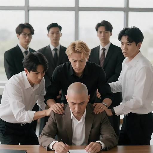 Dramatic Scene of Six Men in Discussion