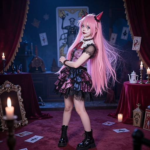 Photograph of a pink-haired anime girl in a gothic, black lace dress with red devil horns, black boots, in a dimly lit,