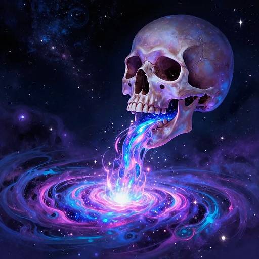 Digital artwork of a glowing, cosmic skull with an open mouth, spewing vibrant blue and purple flames into a swirling galaxy background.