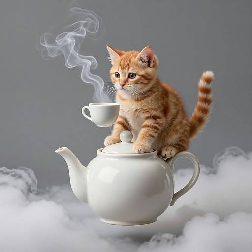 Photograph of an adorable, orange tabby kitten with black stripes sitting on a floating white teapot, steaming cup above, set against a gray