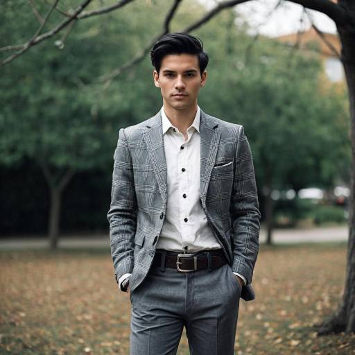 Young Man in Grey Plaid Suit Outdoors