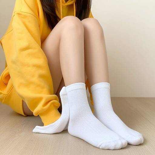 Photograph of a person sitting on a wooden floor, wearing a yellow hoodie and white socks, with knees bent and head out of frame.