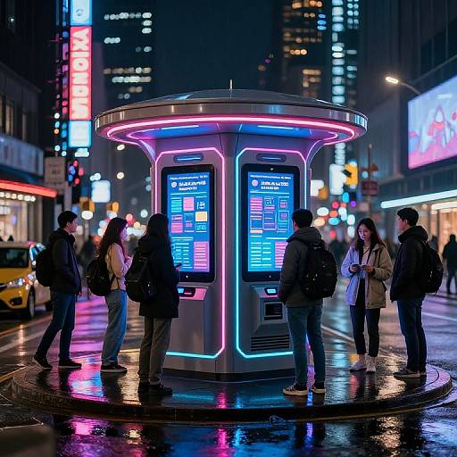Photograph of neon-lit bus stop at night in a bustling city, with five people in winter clothes waiting, surrounded by vibrant, colorful lights and
