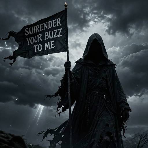 Gothic Hooded Figure with Black Flag