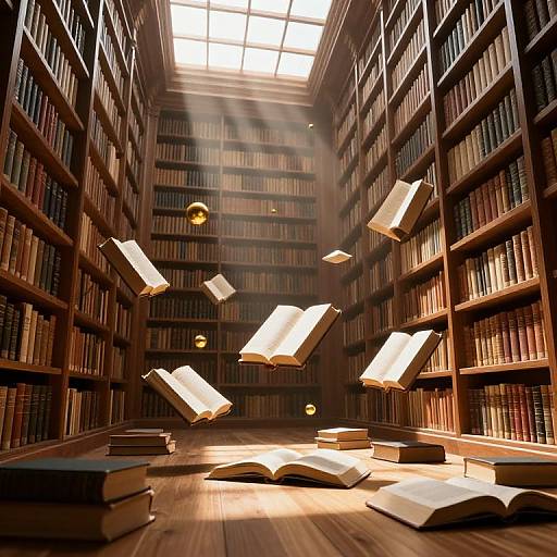 Photograph of a sunlit library with floating books, open pages illuminated by beams of light, surrounded by tall wooden bookshelves.