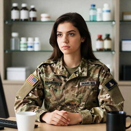 Young Woman in Military Camouflage Uniform