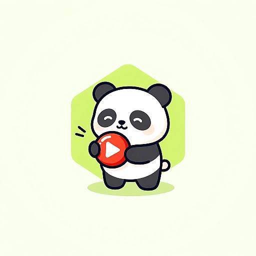 Cute digital cartoon panda with black ears, eyes, and arms, holding a red play button, against a yellow hexagon background.