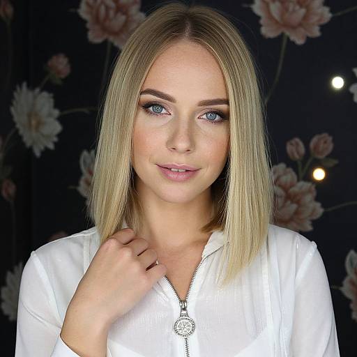 Photograph of a blonde woman with straight hair, blue eyes, wearing a white blouse, against a dark floral background. She has a soft smile and