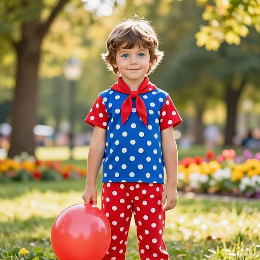 Joyful Boy in Polka Dot Outfit