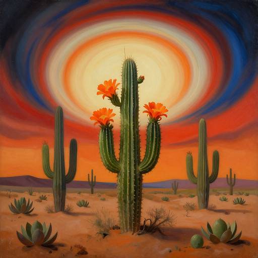 Digital art: Vibrant desert sunset with a green cactus at center, adorned with three orange flowers, surrounded by other cacti, agave