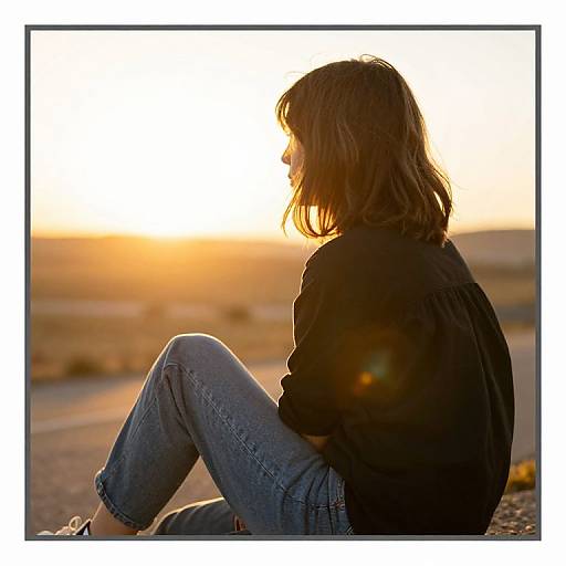 Photograph of a woman with shoulder-length brown hair, wearing a black sweater and blue jeans, sitting on a roadside at sunset, backlit by a