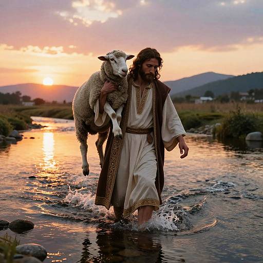 Photograph of Jesus with a sheep on his shoulder, walking through a sunlit, reflective stream at sunset, wearing a white robe and brown cloak.