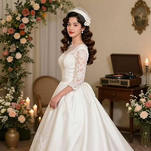 Photograph of a beautiful Asian woman with curly black hair, wearing a white lace and satin wedding dress, standing in an elegant room with floral arrangements and