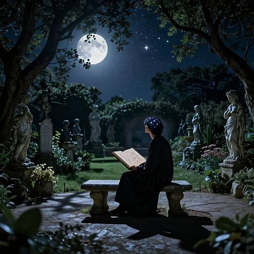 Photograph: Moonlit garden, woman in dark attire, black headscarf, reading map, seated on stone bench, surrounded by statues, lush