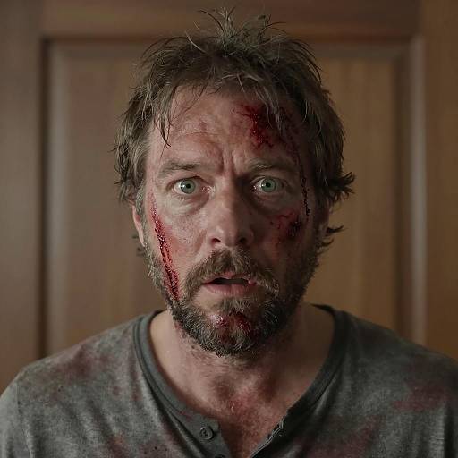 Intense Close-Up of a Bloodied Man