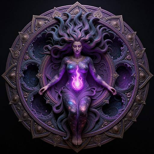 Digital art: Cosmic female figure with purple flame on chest, floating amid intricate, circular, mandala-like pattern, surrounded by flowing, starry hair