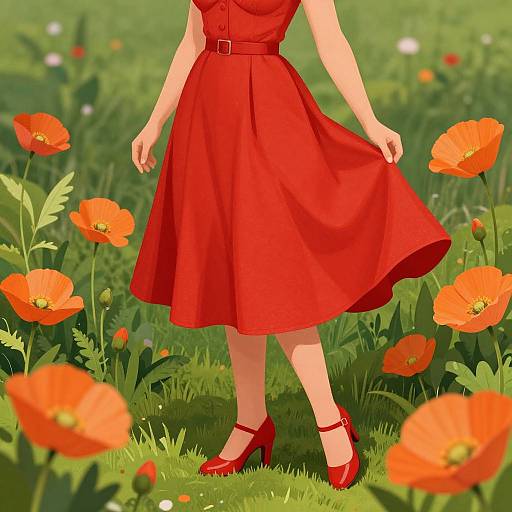 Retro Woman in Red Among Poppies