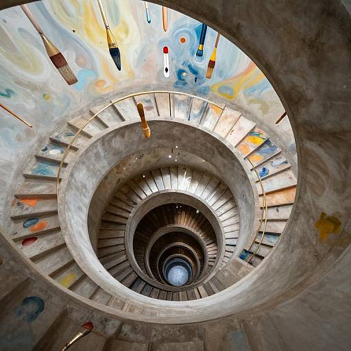 Photograph of a spiral concrete staircase with colorful abstract graffiti on the walls, leading down to a dark central well.