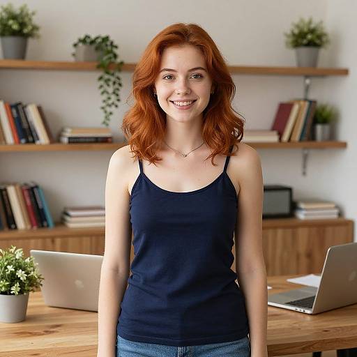 Photograph of a smiling young woman with red hair, wearing a black tank top and blue jeans, standing in a bright, modern office with wooden shelves