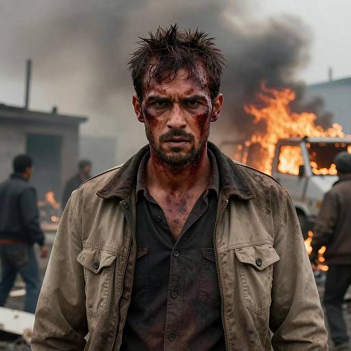 Rugged Man Amidst Fire and Chaos