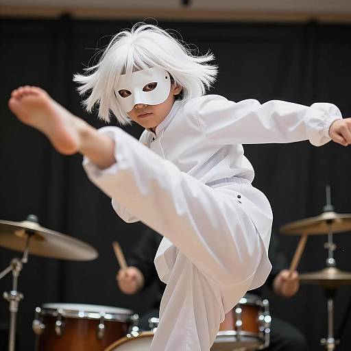 Child in White Mask Performing Martial Arts Kick
