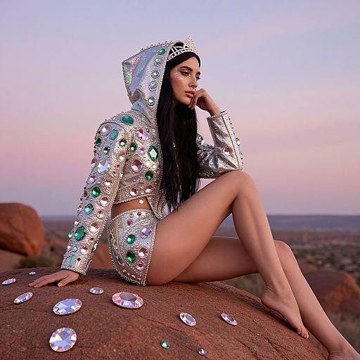 Photograph of a woman with long black hair, wearing a glittery, hooded crop top and shorts, adorned with colorful gems, sitting on a