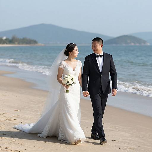 Photograph of an Asian bride in a white lace gown and veil, holding a bouquet, walking on a sunny beach with a groom in a black t