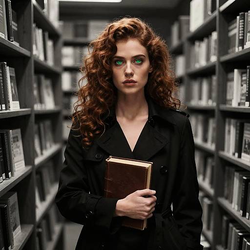 Noir Cinematic Portrait in Vintage Bookstore