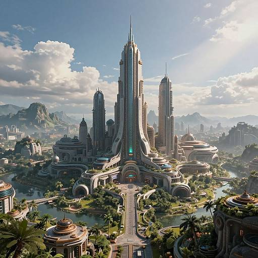 Digital artwork of a futuristic, towering cityscape with sleek skyscrapers, arching bridges, lush greenery, and a central, illuminated archway