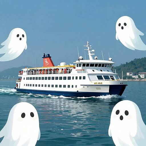 Photograph of a white and blue ferry with red roof on calm water, surrounded by four cartoon white ghosts with black eyes.