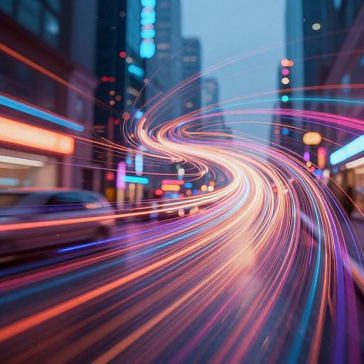 Photograph of vibrant city street at dusk; swirling light trails from cars create dynamic curves against neon-lit skyscrapers and blurred urban buildings.
