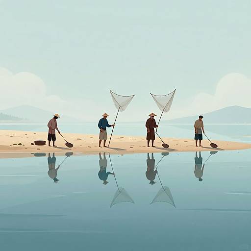 Digital illustration of four silhouetted fishermen with hats, nets, and baskets standing on a sandy shore reflected in calm water.