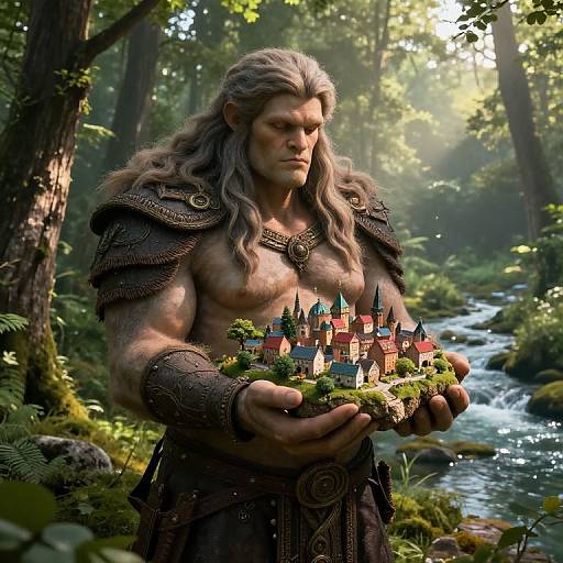 CGI fantasy image: muscular, long-haired, armored man with gray beard holds miniature castle surrounded by moss, standing by forest stream. Sunlight filters