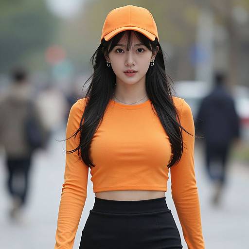 Photograph of an Asian woman with long black hair, wearing an orange crop top, black high-waisted pants, and orange cap, standing in