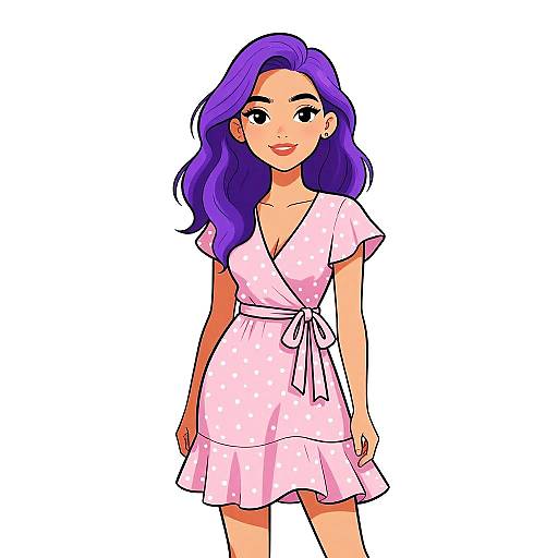 Digital anime-style drawing of a smiling woman with purple hair, wearing a pink, polka-dotted, short-sleeved dress with a bow tie