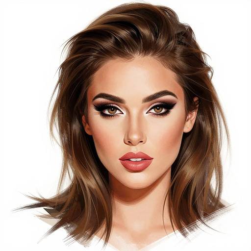 Digital portrait of a beautiful woman with long brown hair, bold red lipstick, and dramatic black eyeliner, set against a white background.
