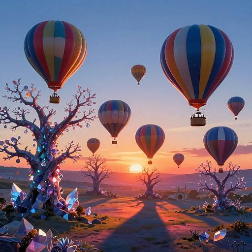Digital artwork of a sunset scene with colorful hot air balloons floating over glowing crystal-adorned trees, casting long shadows on a path. Vibrant hues