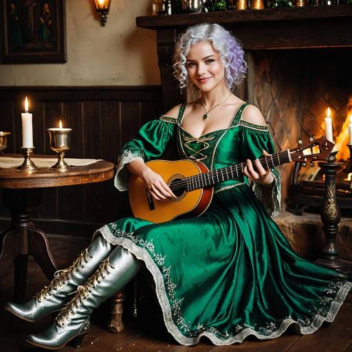 Elf Bard in Emerald Gown Playing Lute