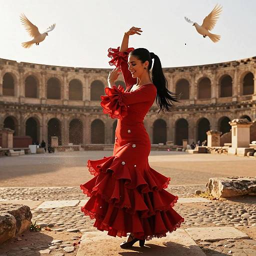 Photograph of a dark-haired woman in a red, ruffled flamenco dress dancing in an ancient Roman amphitheater with two flying birds.