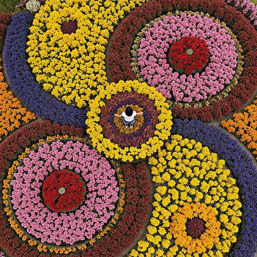 Colorful abstract photograph of vibrant flower petals in concentric circles, featuring red, yellow, pink, orange, and blue hues. Central white petal