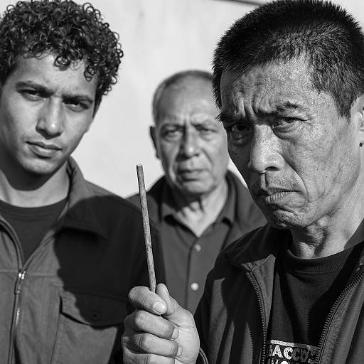 Black and White Portrait of Three Men with Intense Expression